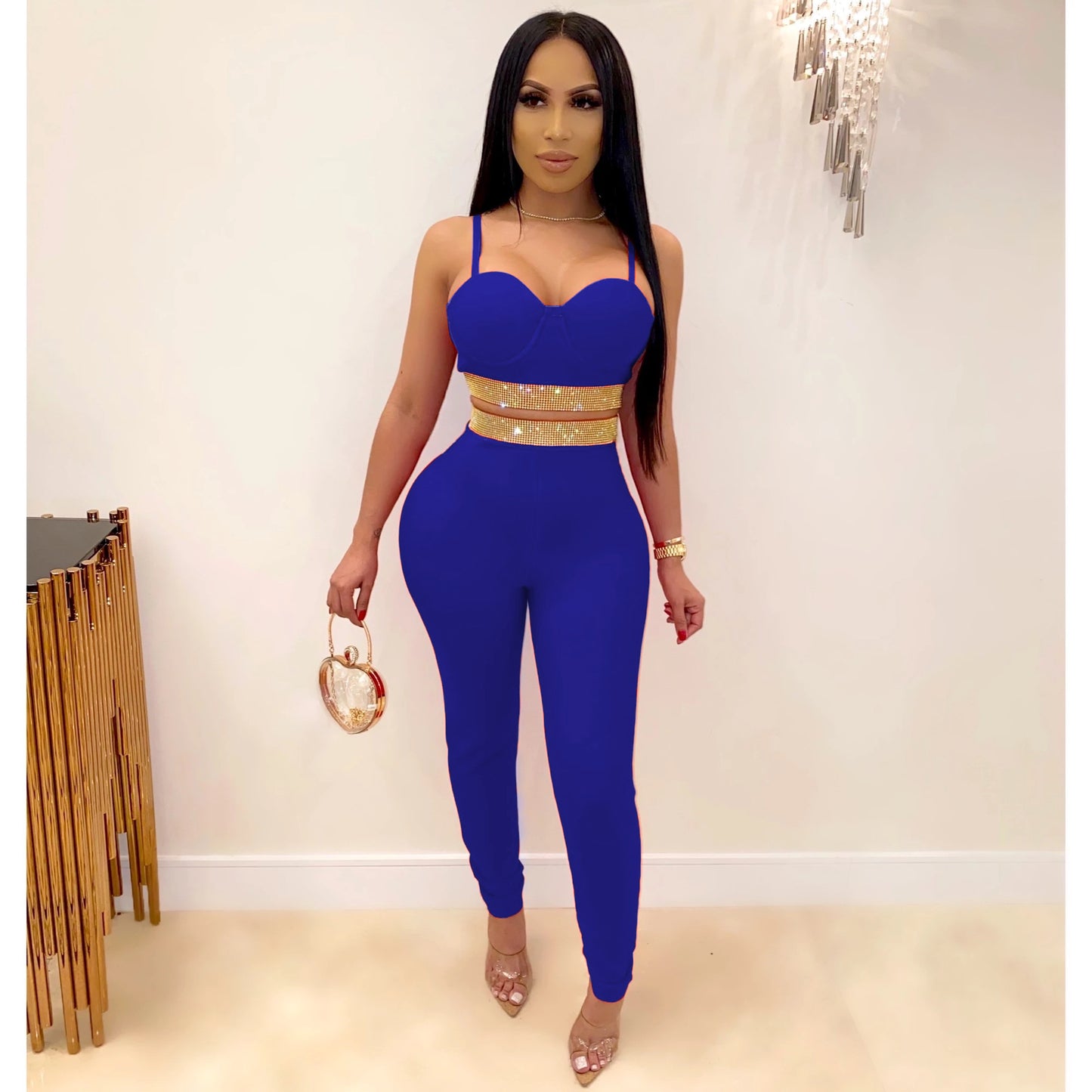 women's fashion solid color polyester knit diamond pants sets