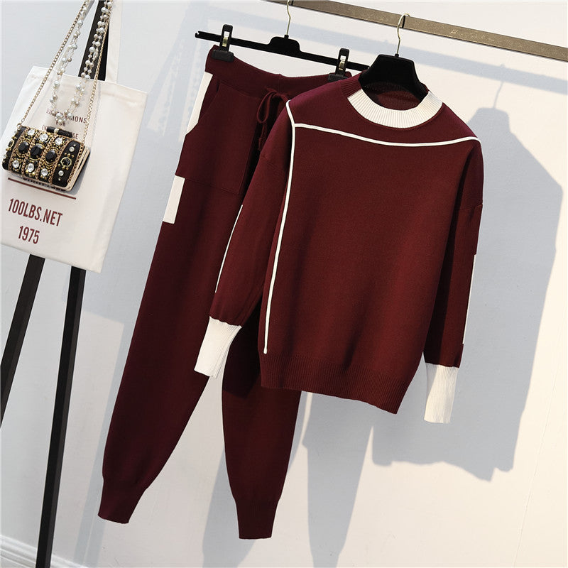 women's casual solid color knitted fabric contrast binding pants sets