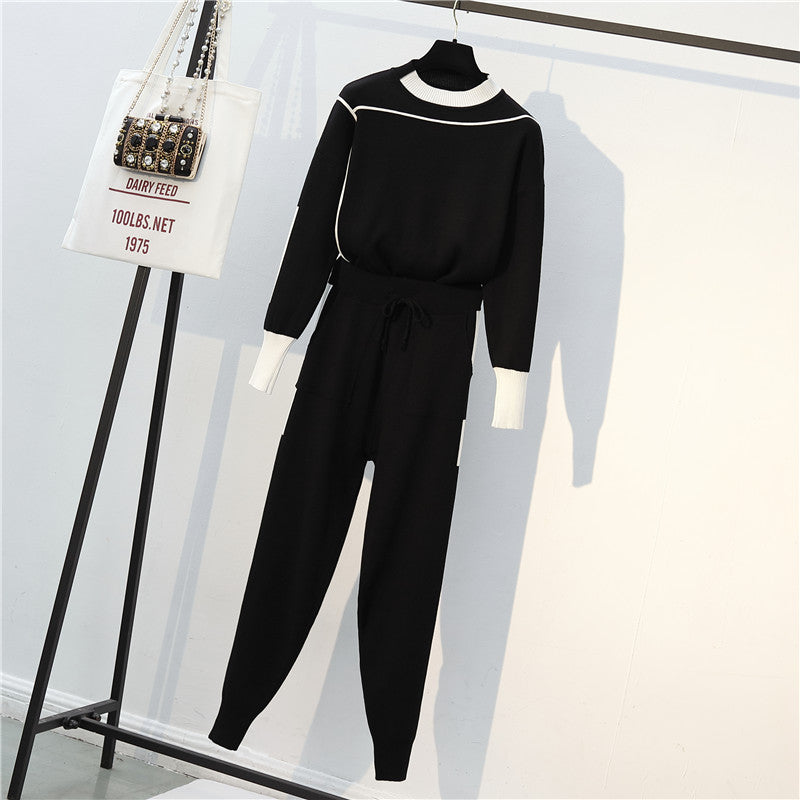 women's casual solid color knitted fabric contrast binding pants sets