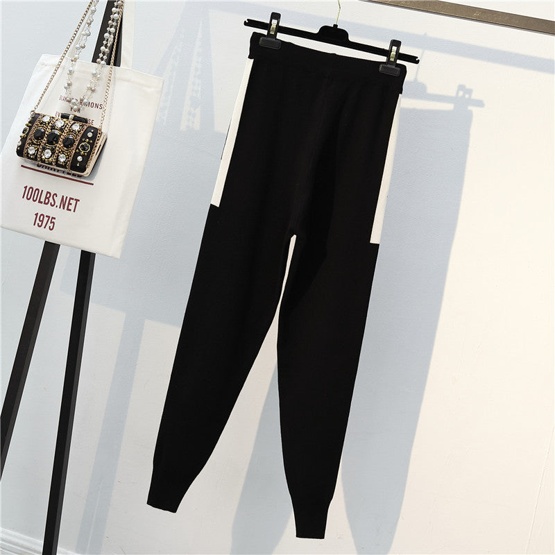 women's casual solid color knitted fabric contrast binding pants sets
