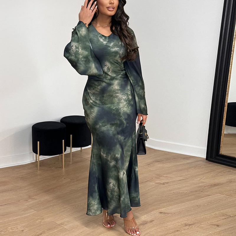 Women's Trumpet Dress Streetwear Round Neck Printing Long Sleeve Abstract Maxi Long Dress Holiday
