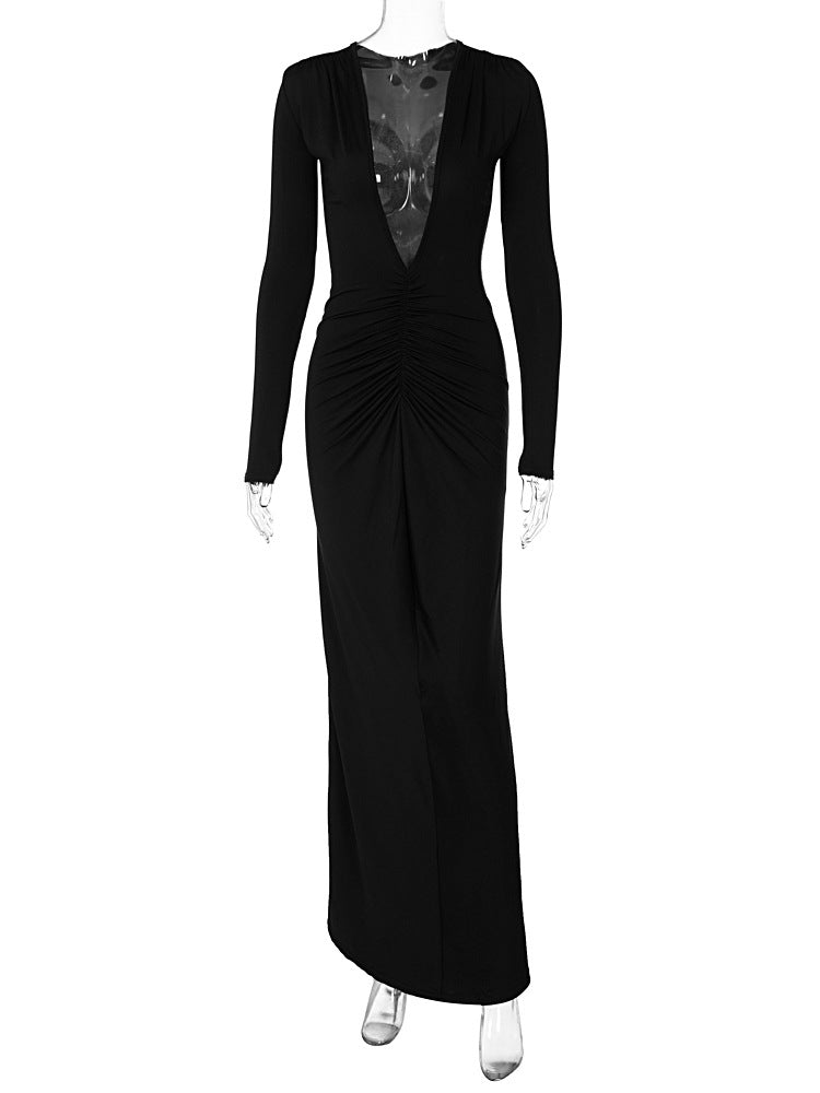 women's regular dress elegant v neck pleated long sleeve solid color maxi long dress daily
