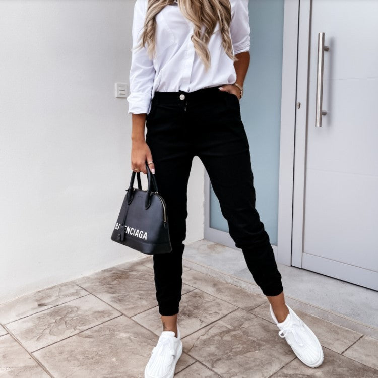 women's daily street casual simple style solid color ankle-length pocket jogger pants