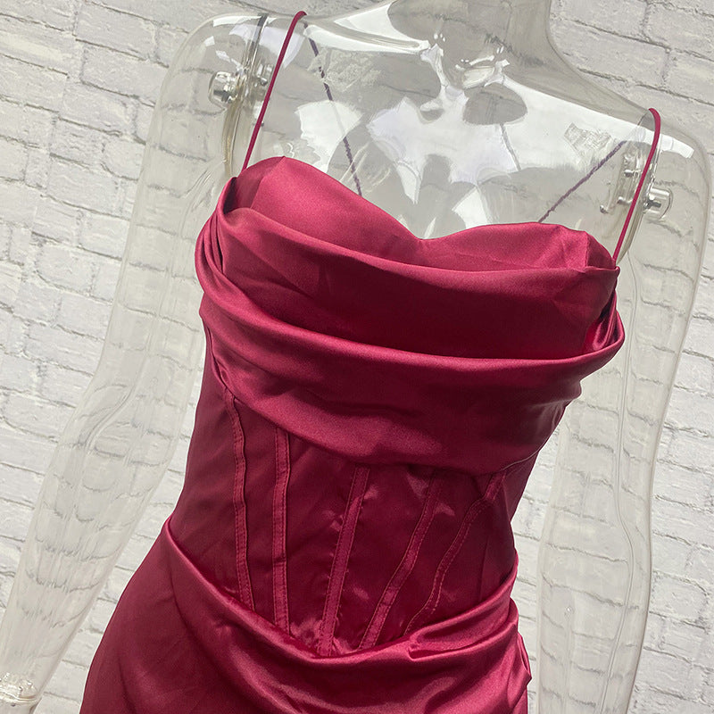 Women's Party Dress Elegant Sexy Strap Strapless Pleated Sleeveless Solid Color Midi Dress Banquet Cocktail Party