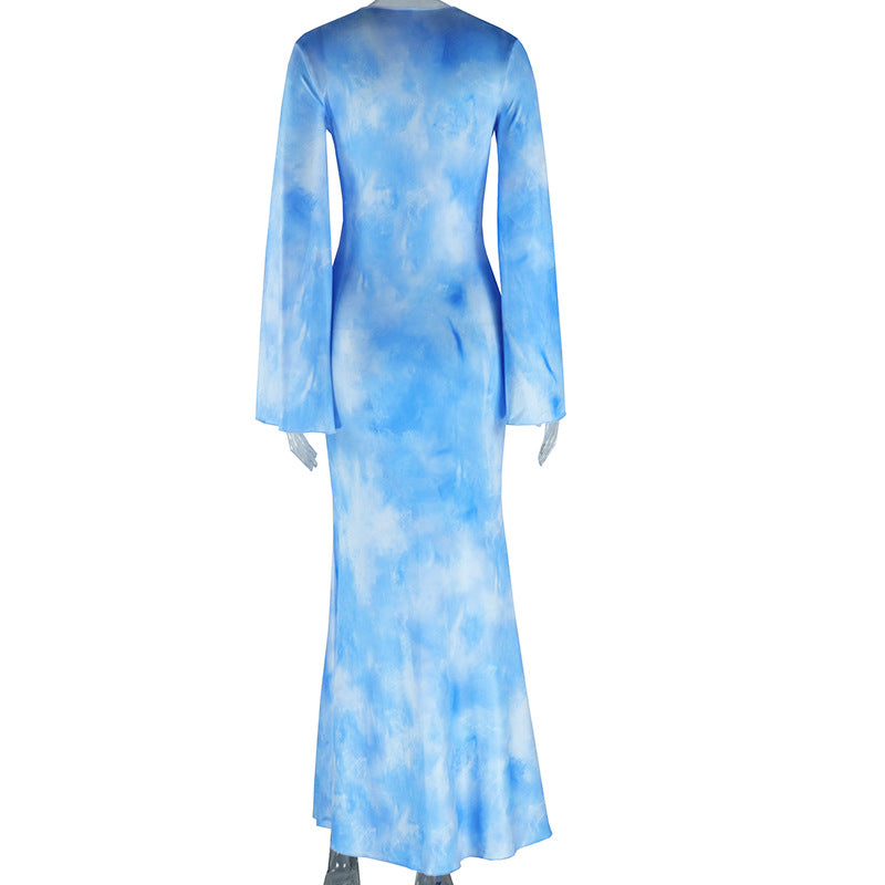 Women's Trumpet Dress Streetwear Round Neck Printing Long Sleeve Abstract Maxi Long Dress Holiday