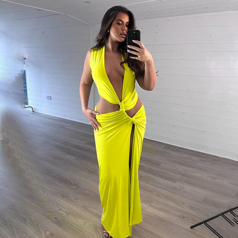 Women's Slit Dress Sexy Streetwear Plunging Neck Sleeveless Solid Color Maxi Long Dress Holiday Cocktail Party
