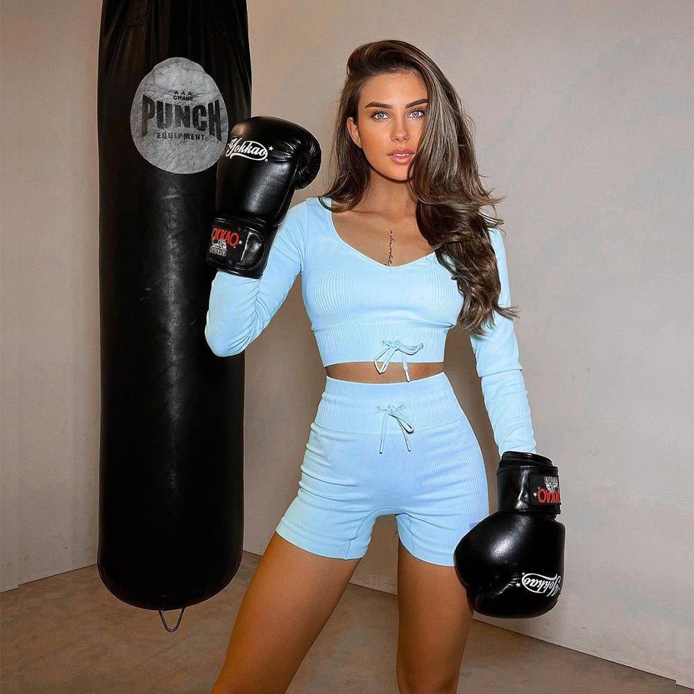 sports solid color nylon round neck active sets t-shirt leggings