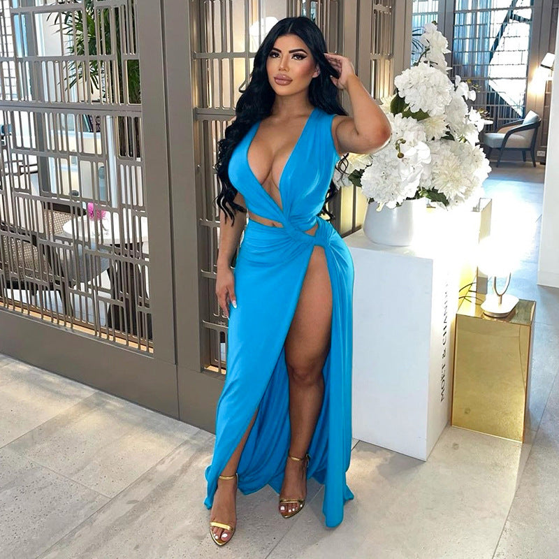 Women's Slit Dress Sexy Streetwear Plunging Neck Sleeveless Solid Color Maxi Long Dress Holiday Cocktail Party