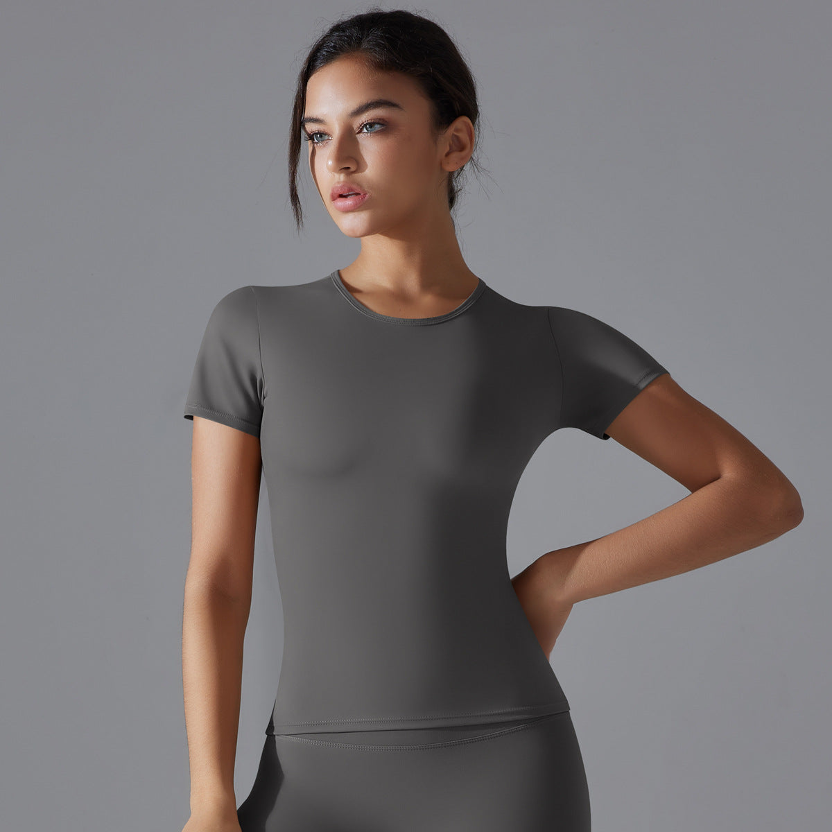 Simple Style Solid Color Nylon Round Neck Active Tops T-shirt
