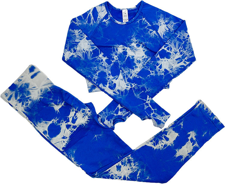 Casual Sports Tie Dye Nylon Spandex Round Neck Tracksuit T-shirt Leggings