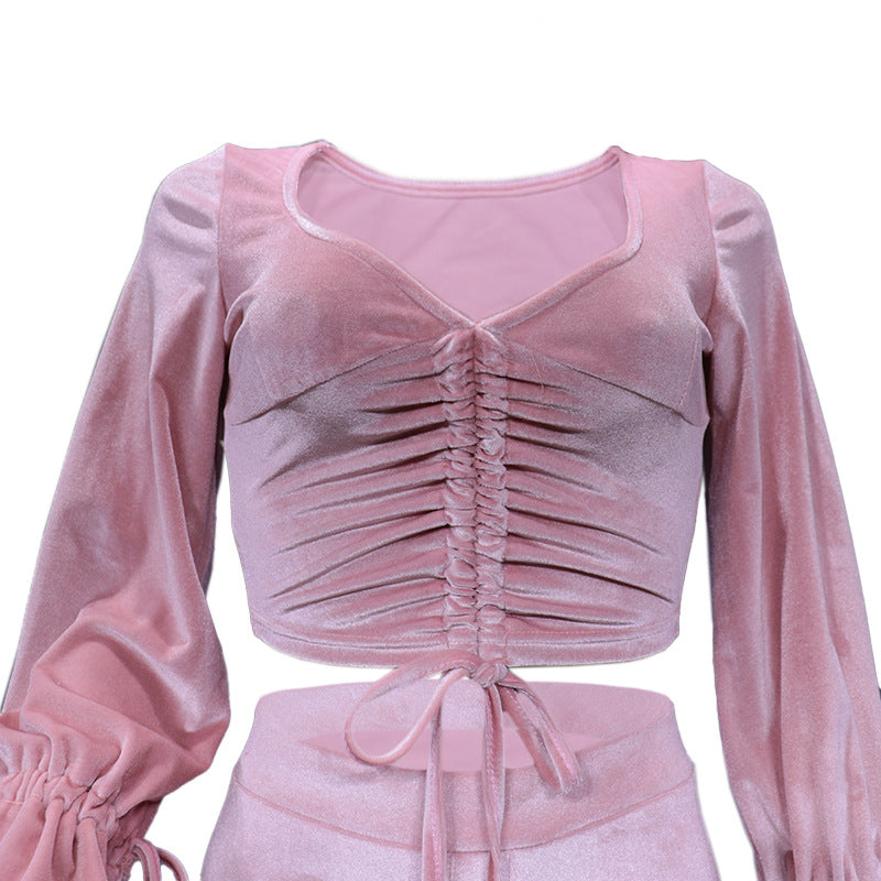 women's casual british style solid color polyester korean velvet pleated pants sets