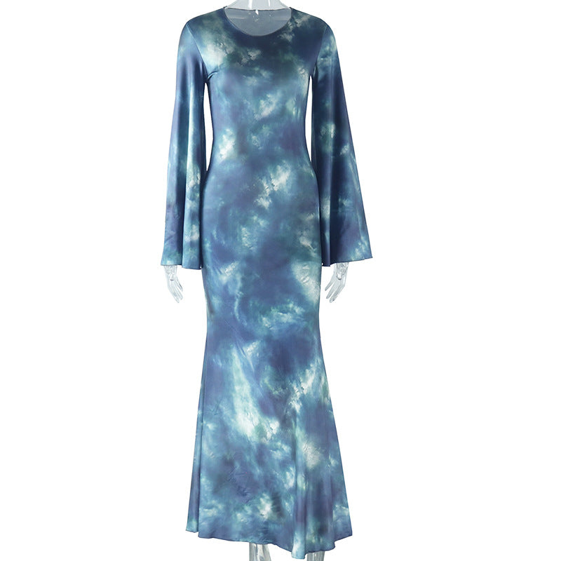 Women's Trumpet Dress Streetwear Round Neck Printing Long Sleeve Abstract Maxi Long Dress Holiday
