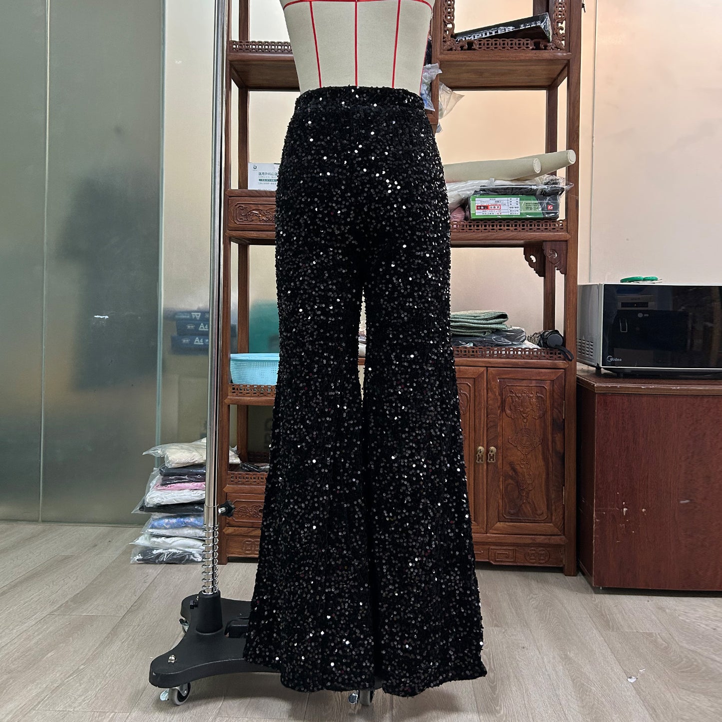women's party street fashion solid color full length sequins wide leg pants