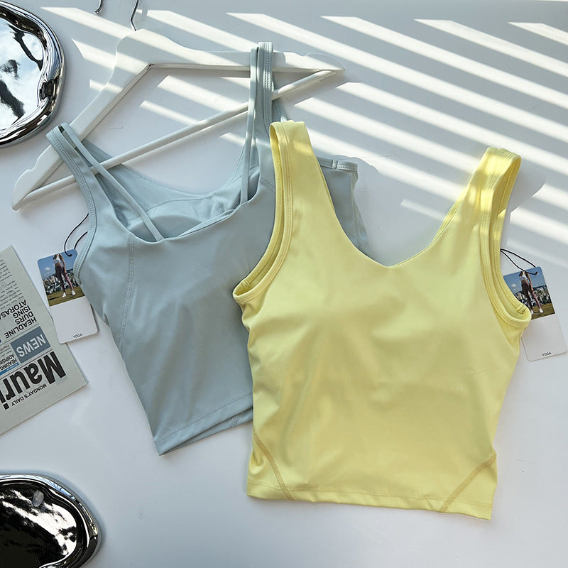 sports solid color nylon u neck active tops vest