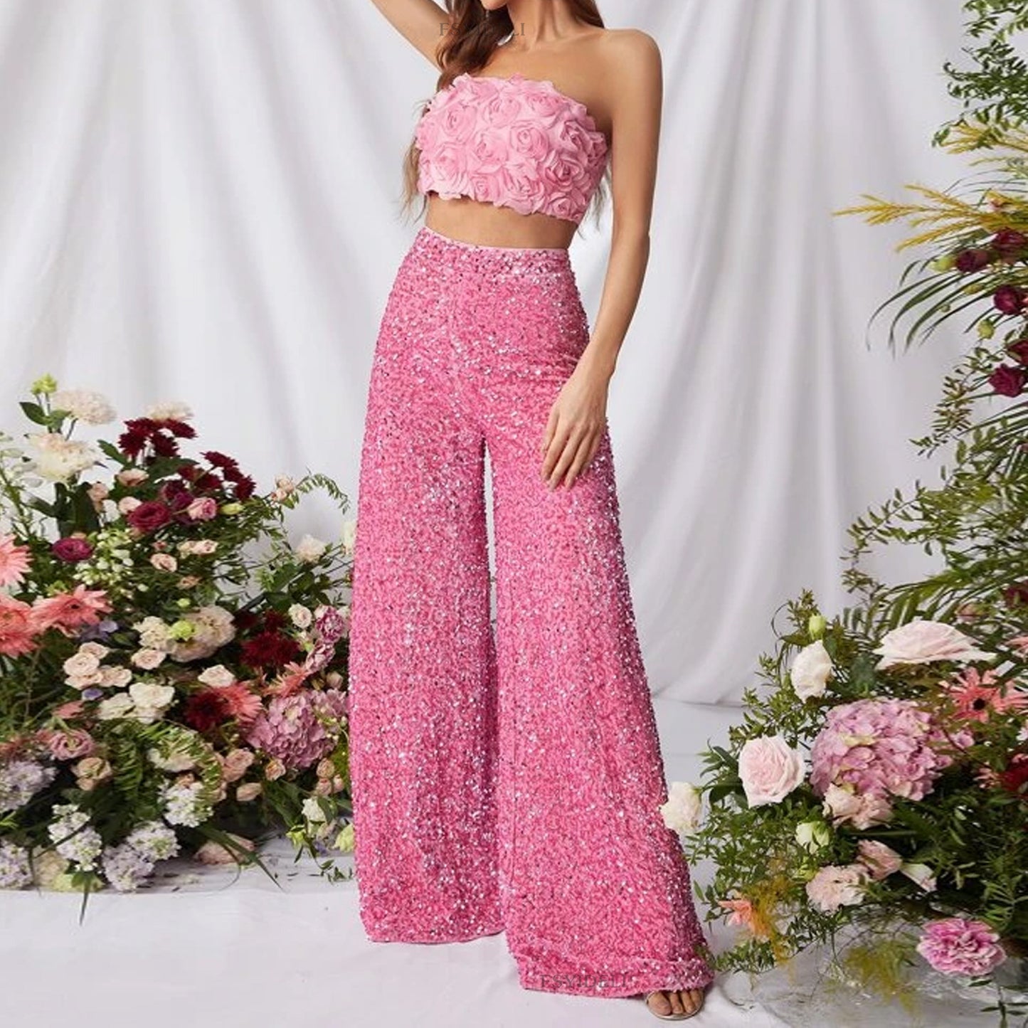 women's party street fashion solid color full length sequins wide leg pants