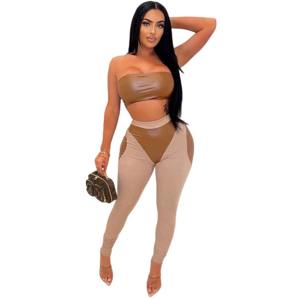 sexy color block pu patchwork pants sets