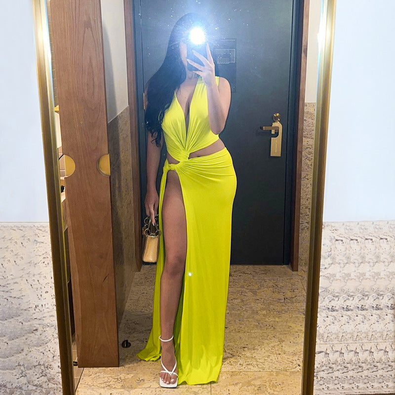 Women's Slit Dress Sexy Streetwear Plunging Neck Sleeveless Solid Color Maxi Long Dress Holiday Cocktail Party