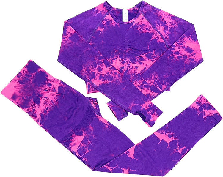 Casual Sports Tie Dye Nylon Spandex Round Neck Tracksuit T-shirt Leggings