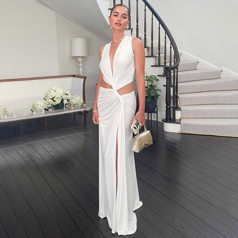 Women's Slit Dress Sexy Streetwear Plunging Neck Sleeveless Solid Color Maxi Long Dress Holiday Cocktail Party