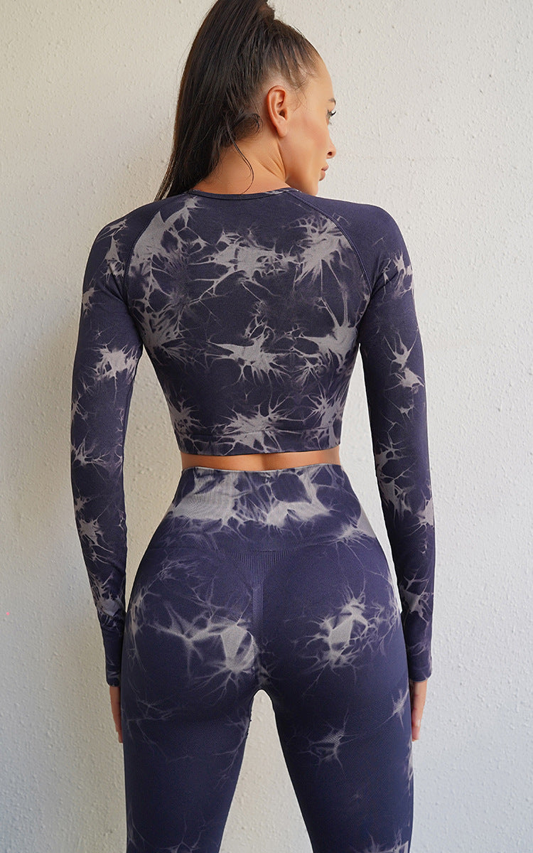 Casual Sports Tie Dye Nylon Spandex Round Neck Tracksuit T-shirt Leggings