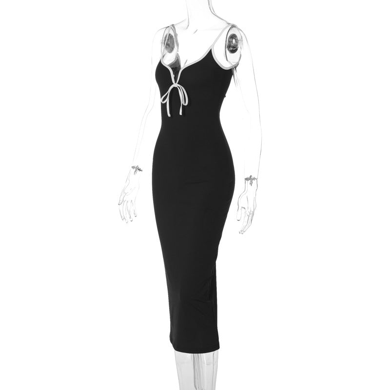 Women's Slit Dress Elegant Sexy V Neck Strap Backless Sleeveless Color Block Midi Dress Holiday Cocktail Party