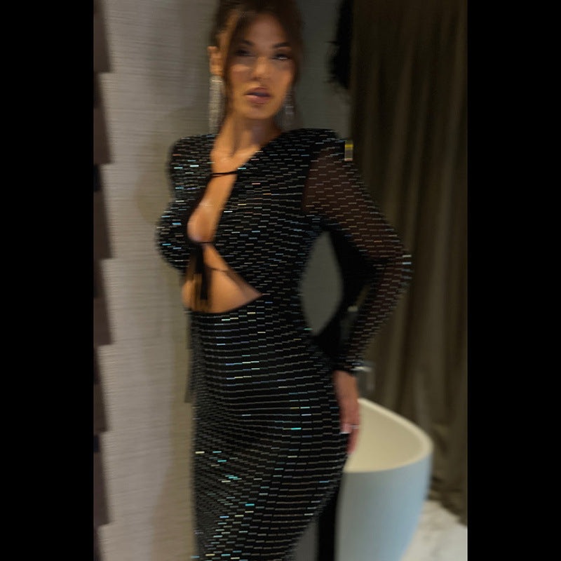 Women's Sheath Dress Sexy Streetwear Collarless Long Sleeve Solid Color Maxi Long Dress Holiday Bar