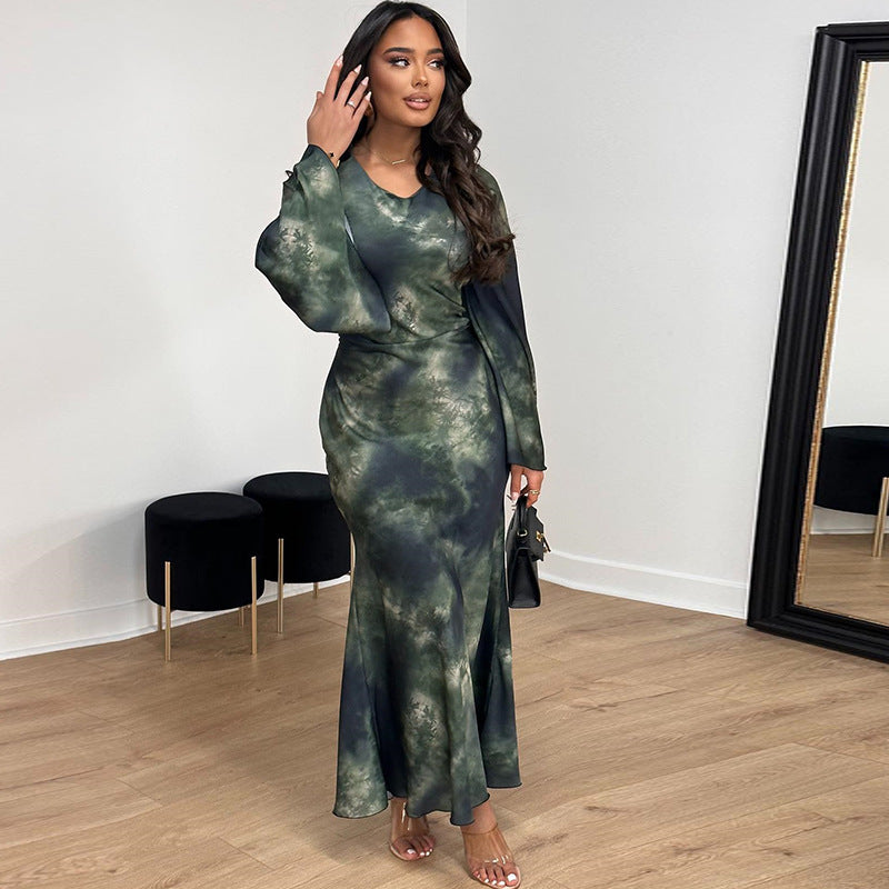Women's Trumpet Dress Streetwear Round Neck Printing Long Sleeve Abstract Maxi Long Dress Holiday