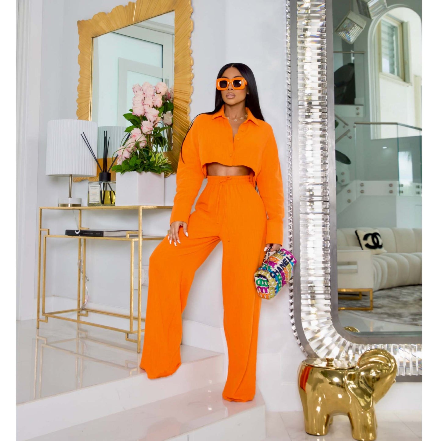 women's simple style solid color polyester button pants sets