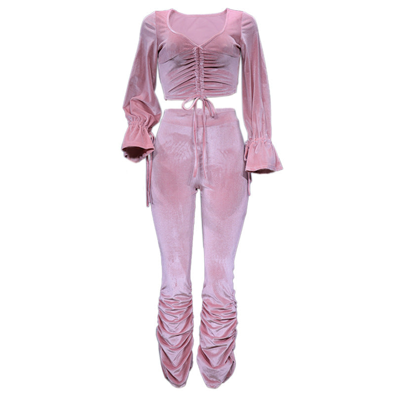 women's casual british style solid color polyester korean velvet pleated pants sets