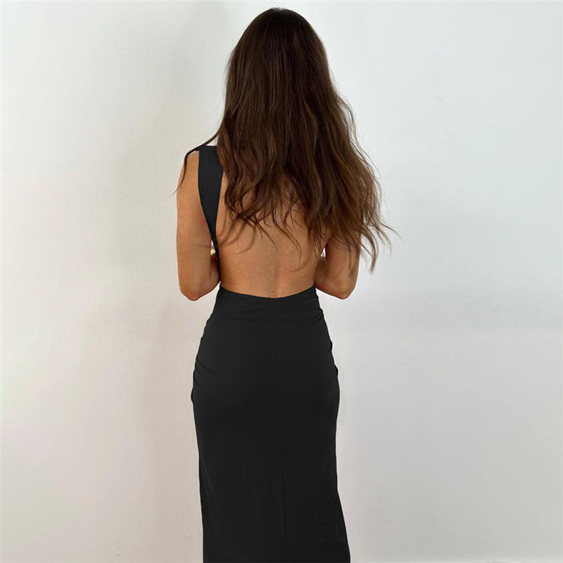 women's pencil skirt fashion v neck slit knot backless sleeveless solid color maxi long dress daily