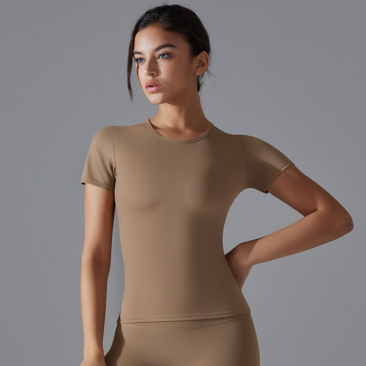 Simple Style Solid Color Nylon Round Neck Active Tops T-shirt