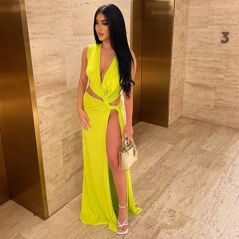 Women's Slit Dress Sexy Streetwear Plunging Neck Sleeveless Solid Color Maxi Long Dress Holiday Cocktail Party