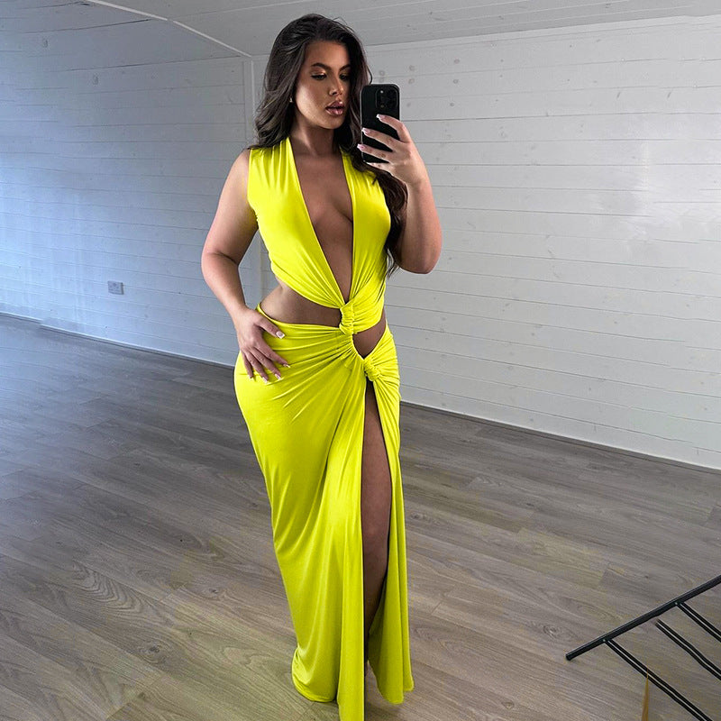 Women's Slit Dress Sexy Streetwear Plunging Neck Sleeveless Solid Color Maxi Long Dress Holiday Cocktail Party