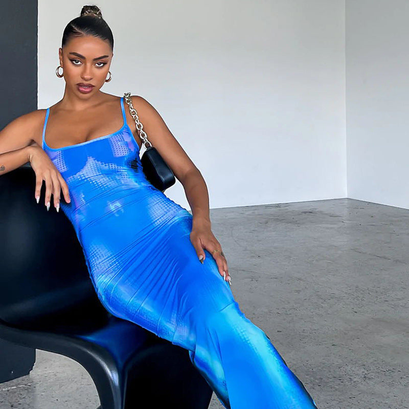 Women's Sheath Dress Elegant Strap Backless Sleeveless Colorful Maxi Long Dress Holiday