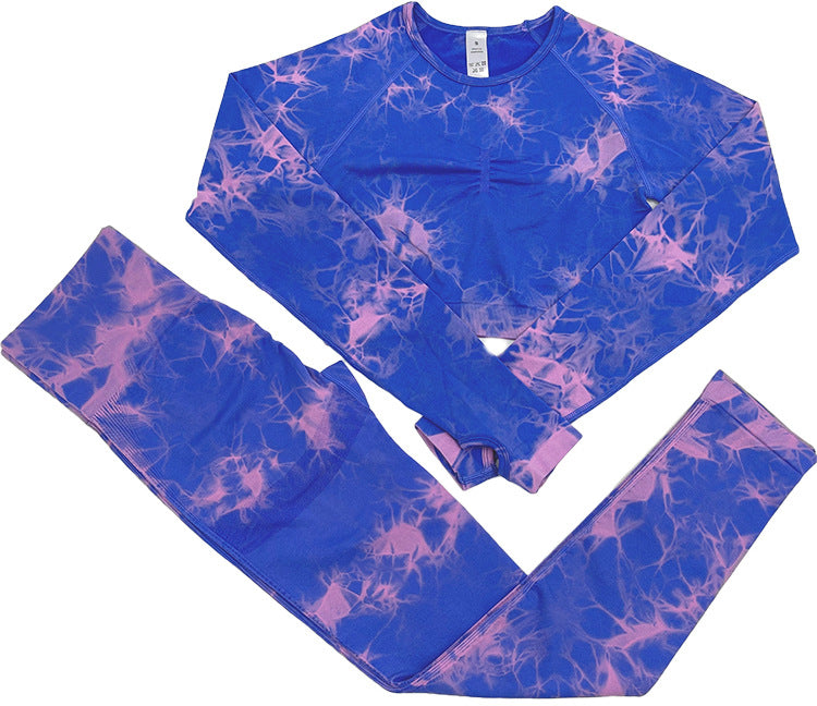 Casual Sports Tie Dye Nylon Spandex Round Neck Tracksuit T-shirt Leggings