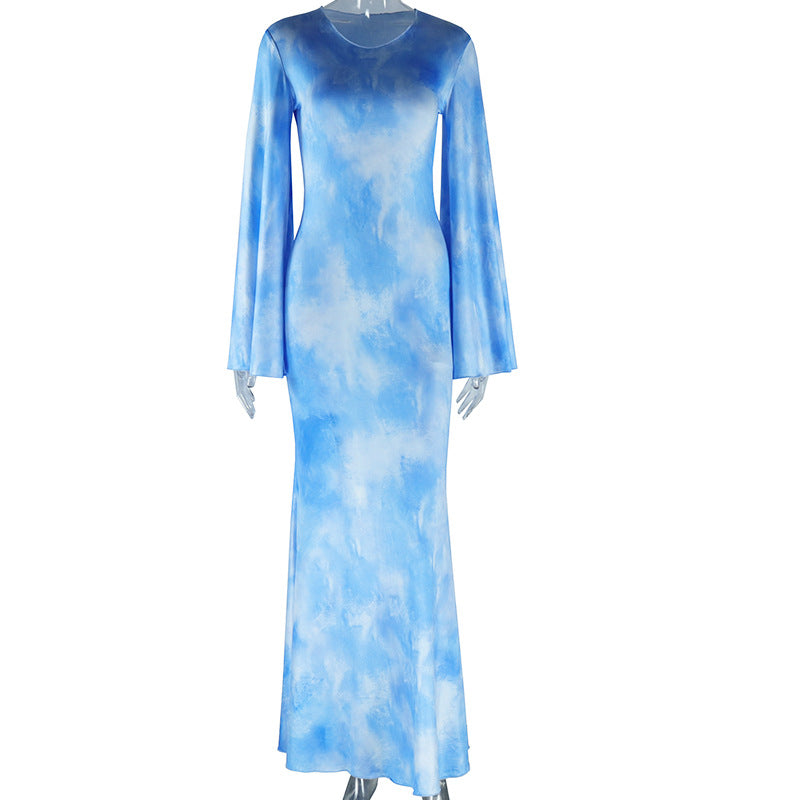 Women's Trumpet Dress Streetwear Round Neck Printing Long Sleeve Abstract Maxi Long Dress Holiday