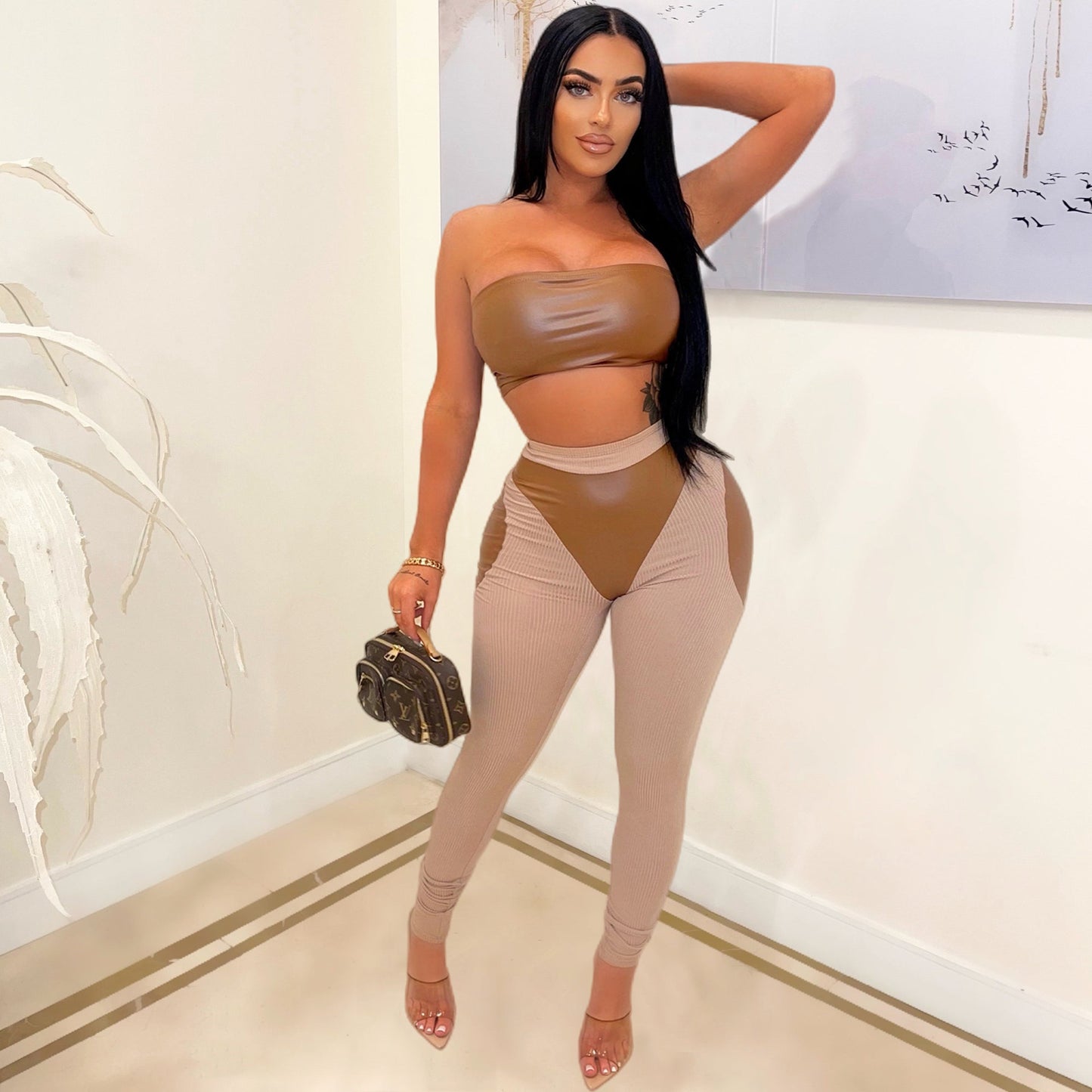 sexy color block pu patchwork pants sets