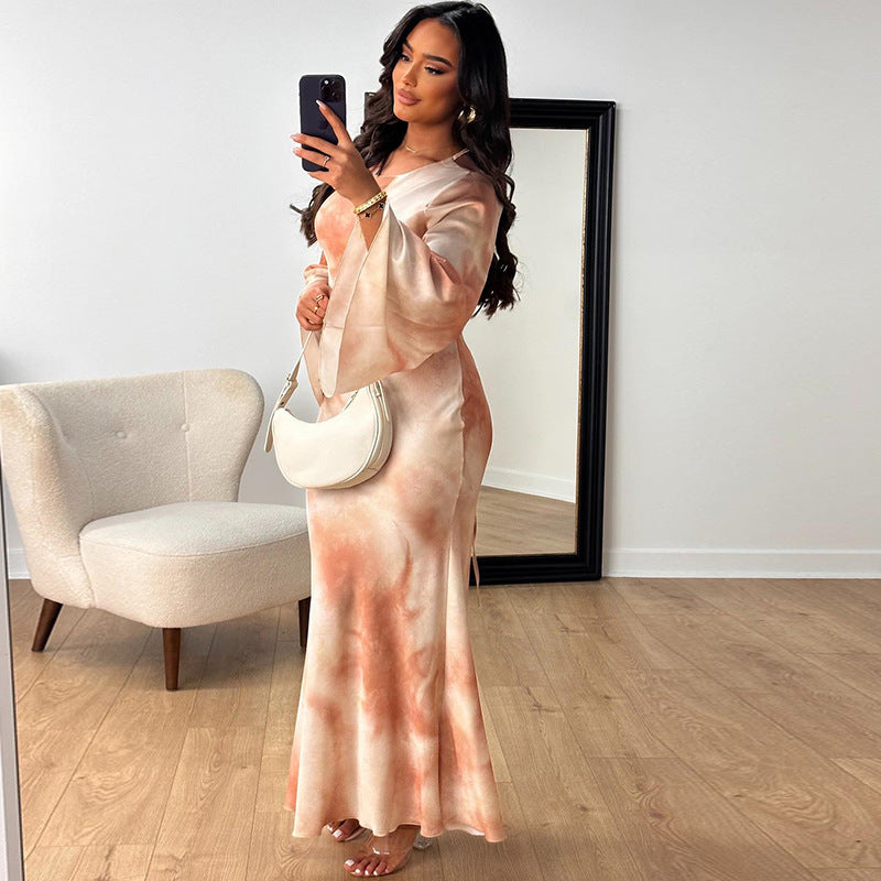 Women's Trumpet Dress Streetwear Round Neck Printing Long Sleeve Abstract Maxi Long Dress Holiday