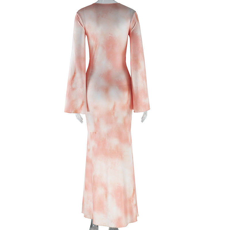 Women's Trumpet Dress Streetwear Round Neck Printing Long Sleeve Abstract Maxi Long Dress Holiday