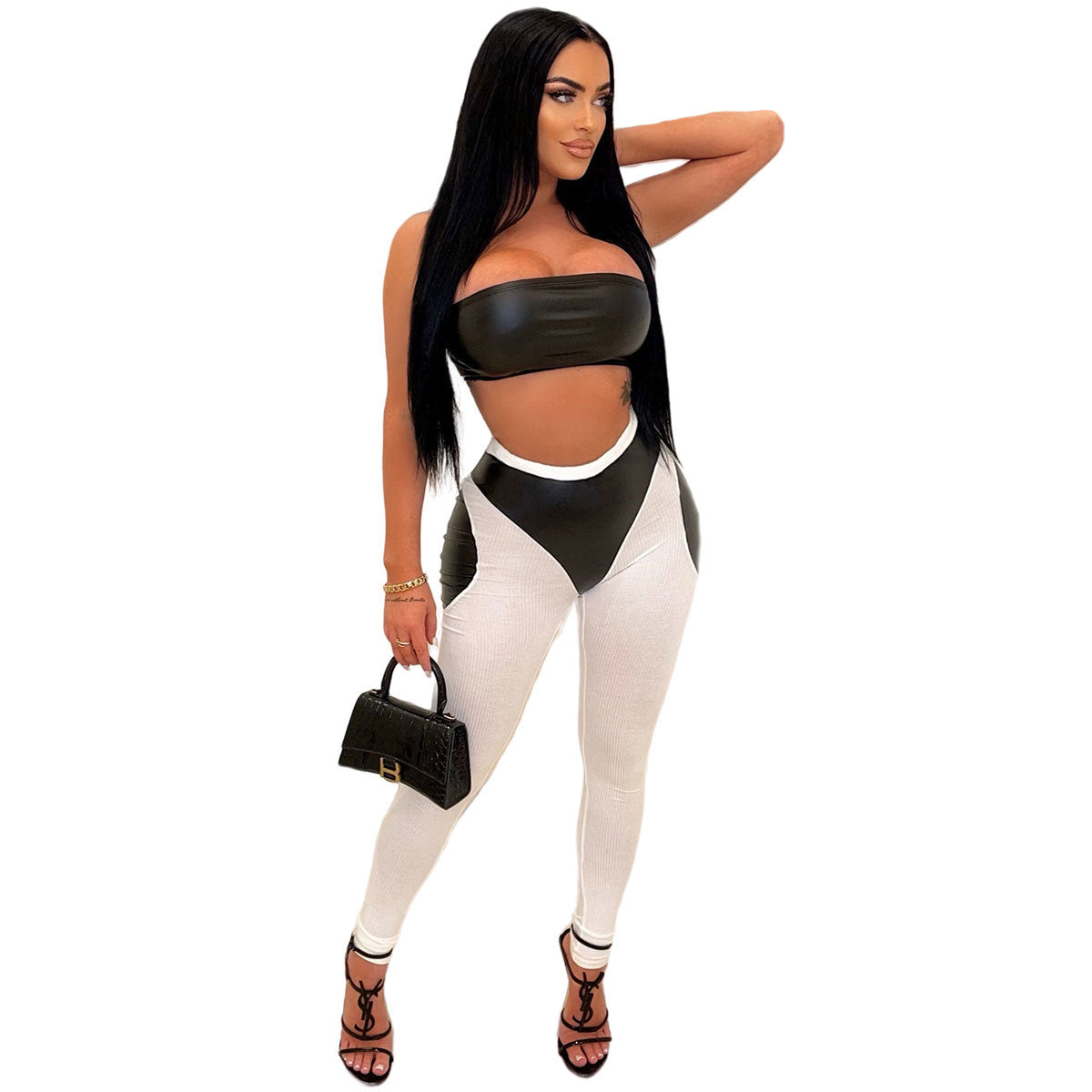 sexy color block pu patchwork pants sets