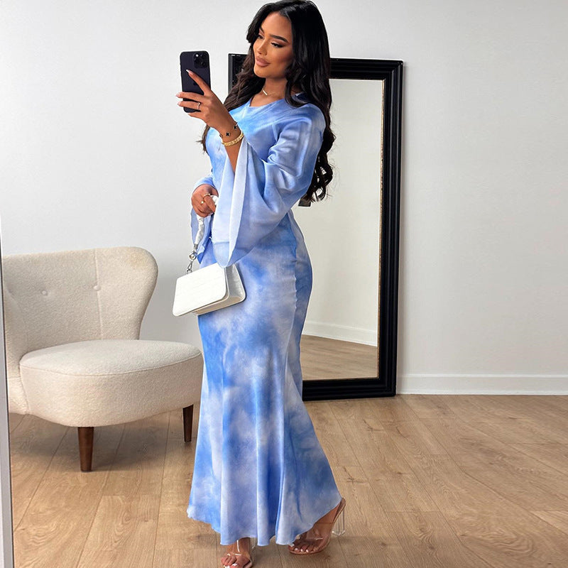 Women's Trumpet Dress Streetwear Round Neck Printing Long Sleeve Abstract Maxi Long Dress Holiday