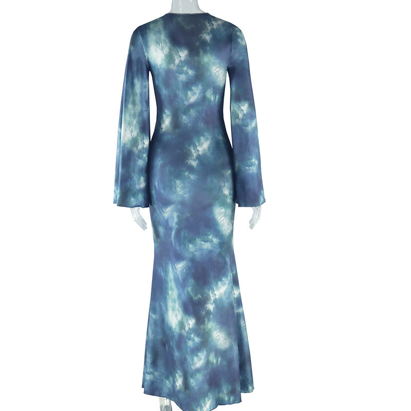 Women's Trumpet Dress Streetwear Round Neck Printing Long Sleeve Abstract Maxi Long Dress Holiday