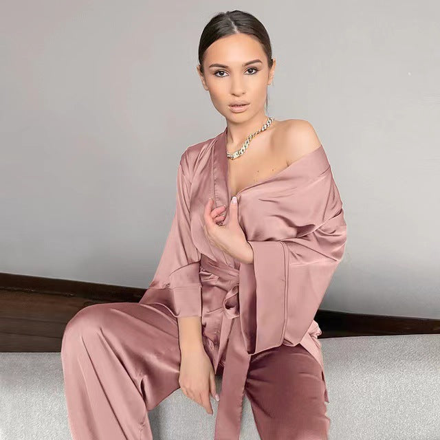 women's casual solid color polyester satin pants sets