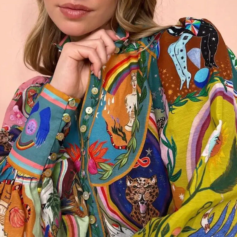 Women's Regular Dress Vintage Style Vacation Standing Collar Printing Long Sleeve Printing Above Knee Casual Holiday