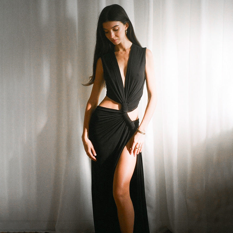 Women's Slit Dress Sexy Streetwear Plunging Neck Sleeveless Solid Color Maxi Long Dress Holiday Cocktail Party
