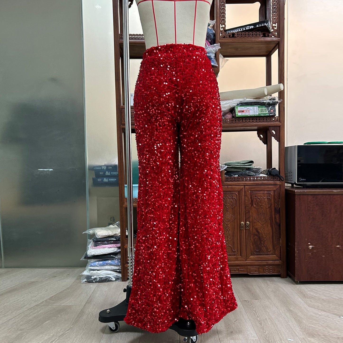 women's party street fashion solid color full length sequins wide leg pants