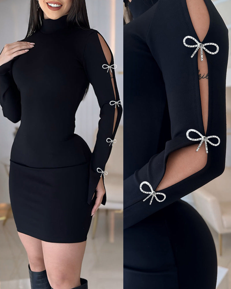 Women's Sheath Dress Elegant Sexy Turtleneck Long Sleeve Bow Knot Short Mini Dress Date Cocktail Party