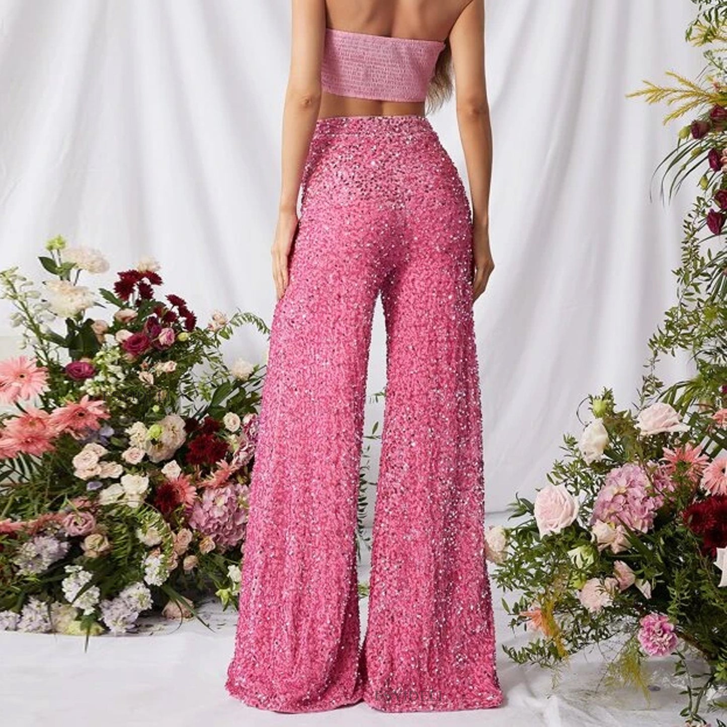 women's party street fashion solid color full length sequins wide leg pants