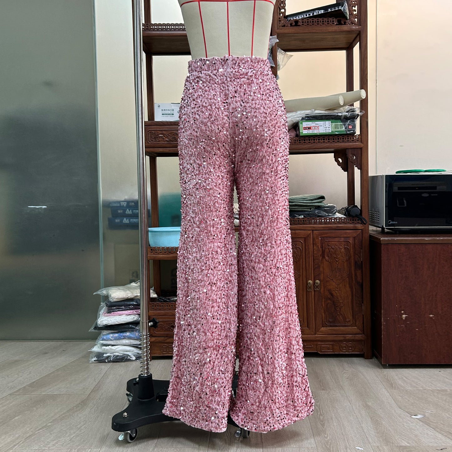women's party street fashion solid color full length sequins wide leg pants