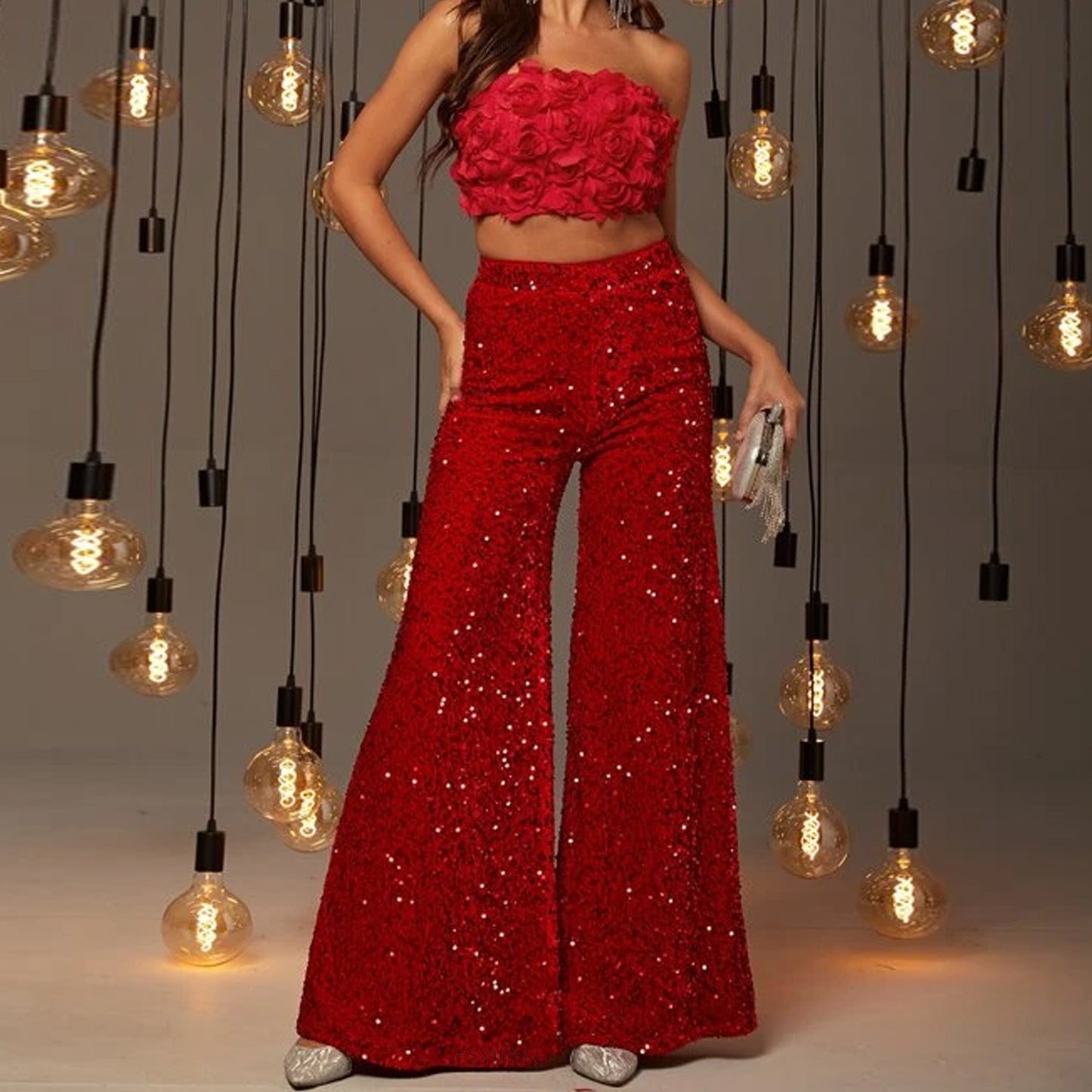 women's party street fashion solid color full length sequins wide leg pants
